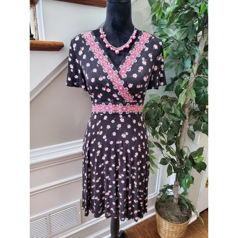 Loft Women's Black Floral Polyester V-Neck Half Sleeve Knee Length Dress Size 6P